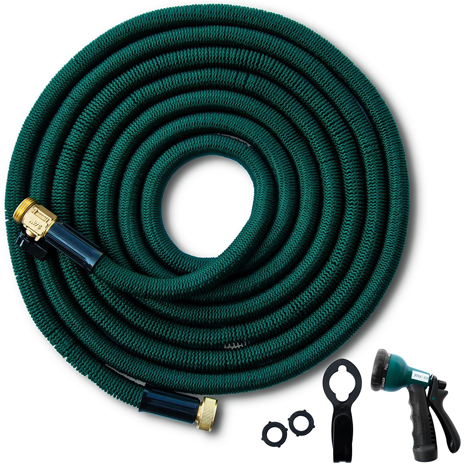 Josy&co. 50 ft Expandable Garden Hose. Triple Latex Layers. Flexible, Kink-Free, Brass Fittings, Steel Assembly Clamps. Expanding Water Hose Includes 8-Pattern Spray Nozzle & Hanger. 12 Month Warranty